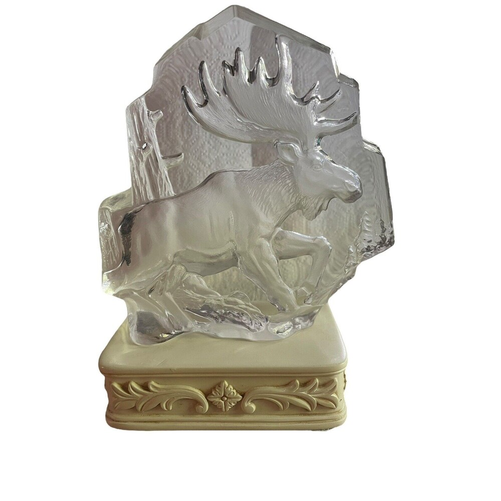 VTG clear glass crystal etched moose paperweight 5.5” x 5.5” With Lighted Stand